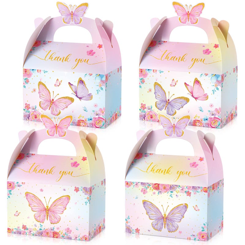 Nezyo 24 Pcs Butterfly Party Favor Treat Boxes Pink and Purple Butterfly Floral Goodie Gable Candy Box Paper Gift Box for Birthday Party Supplies Baby Shower Wedding